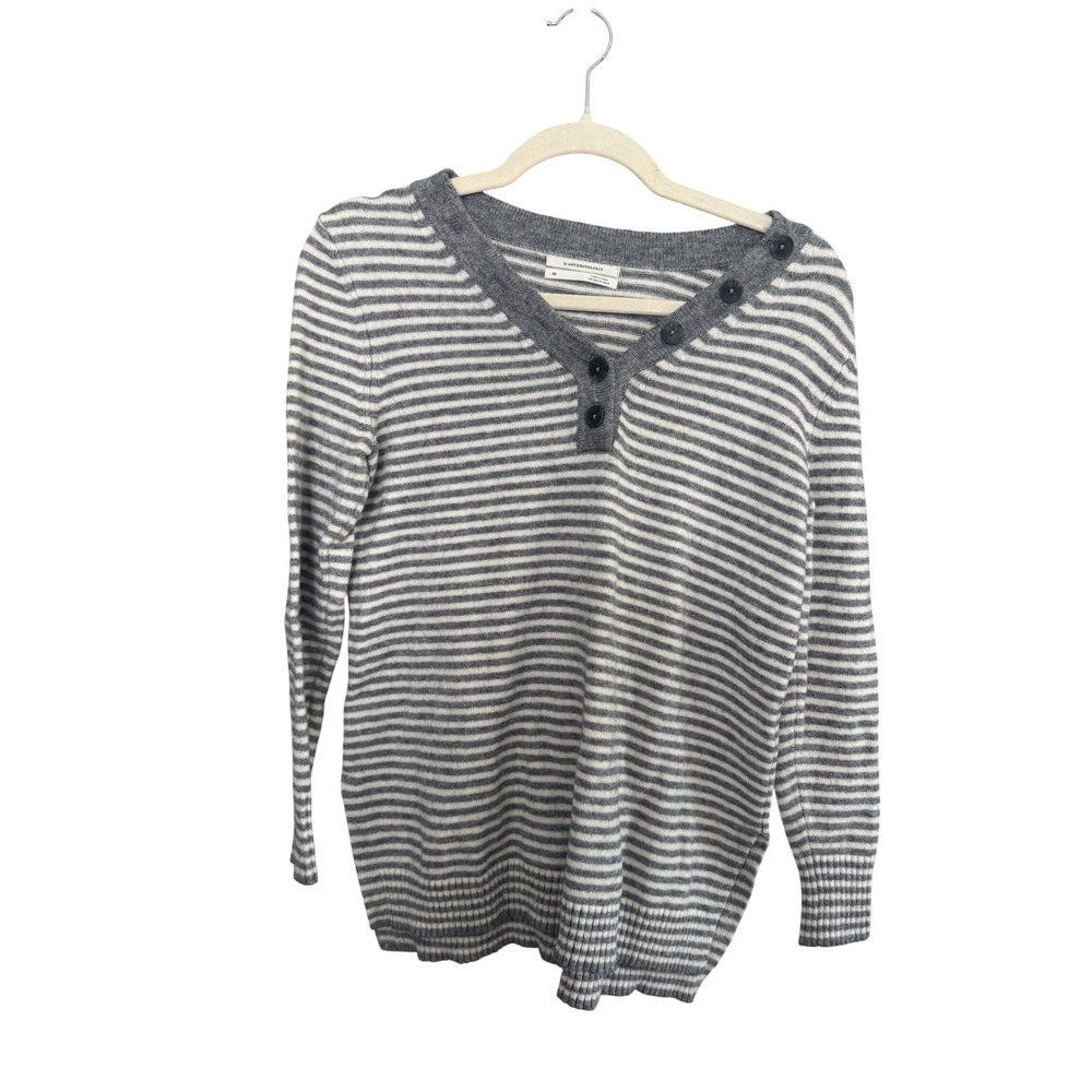 Anthropologie Women's Sweater XS Gray White Striped Minimalist Cozy‎ Casual